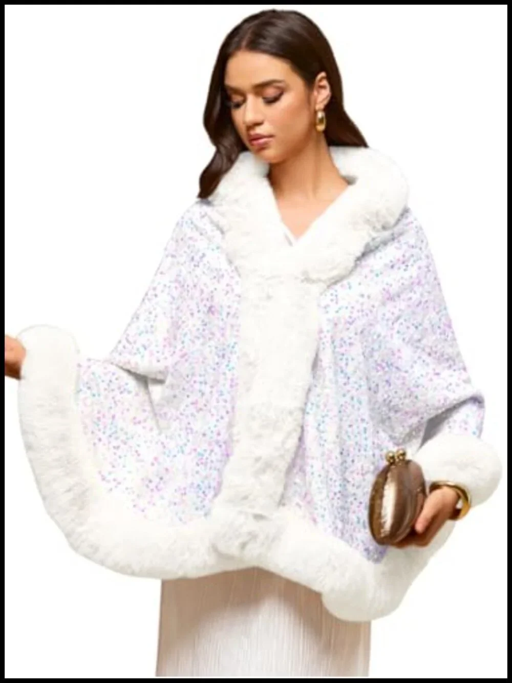 Luxury Sequin Faux Fur Shawl Wrap, Elegant Velvet Evening Cape, Winter Bridal